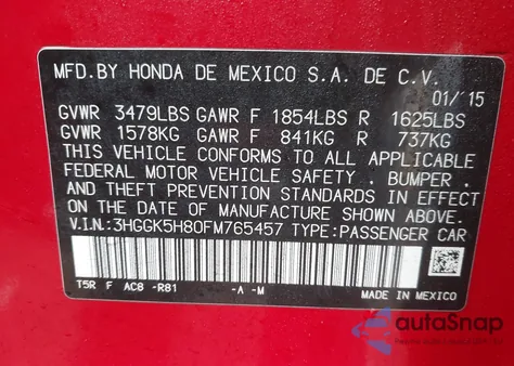 2015 Honda Fit Ex/Ex-L z USA, uszkodzony, nr VIN 3HGGK5H80FM765457